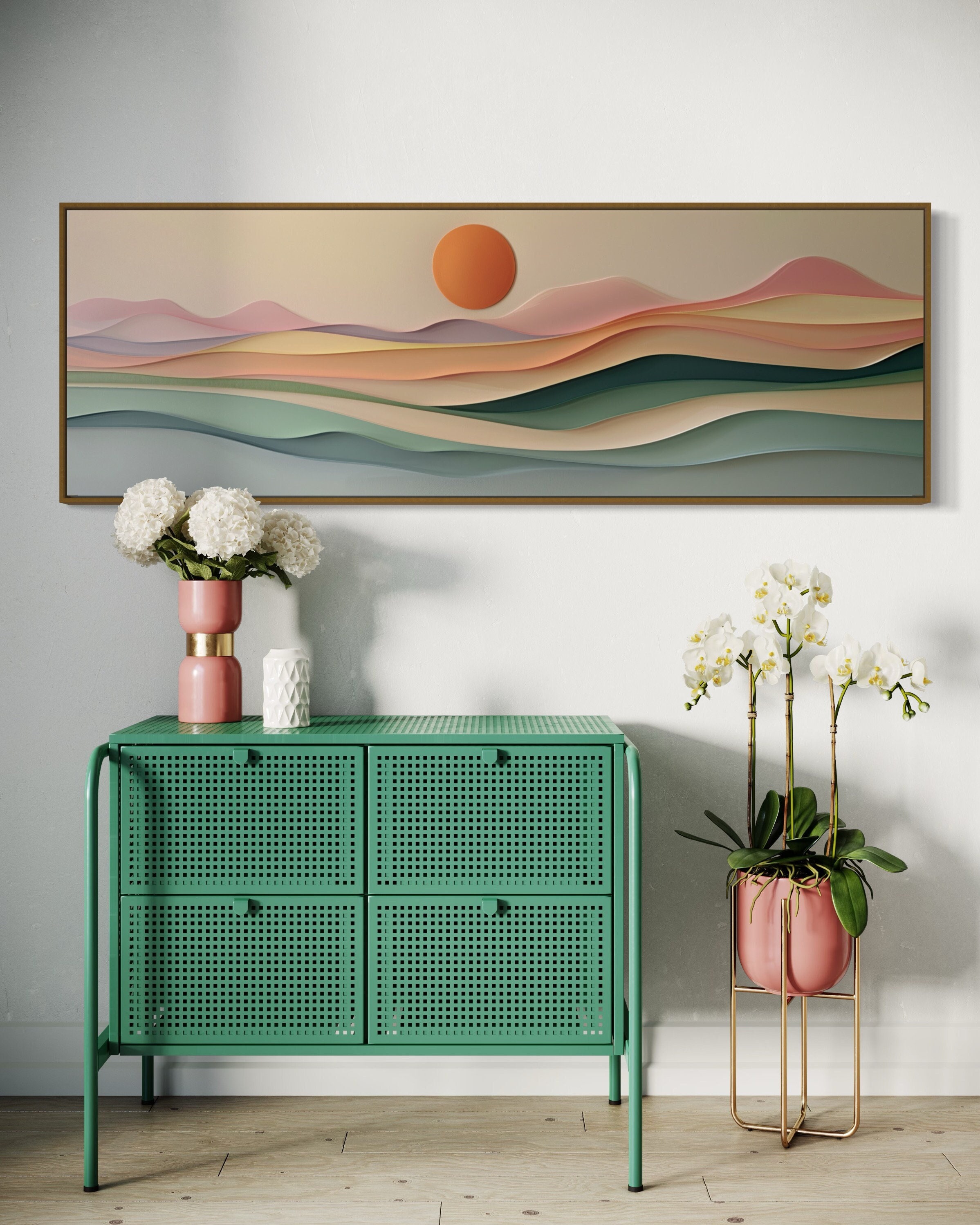Abstract Sunset Panorama - Layered Nature Art Canvas Print, Colorful Boho Decor for Above Bed, Long Narrow Wall Art