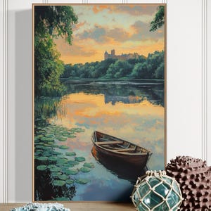 Sunset Boat Wall Art - Serene Lake House Art, Wooden Boat Canvas, Tranquil Water Reflection Print, Cottagecore Lakeside Art for Living Room