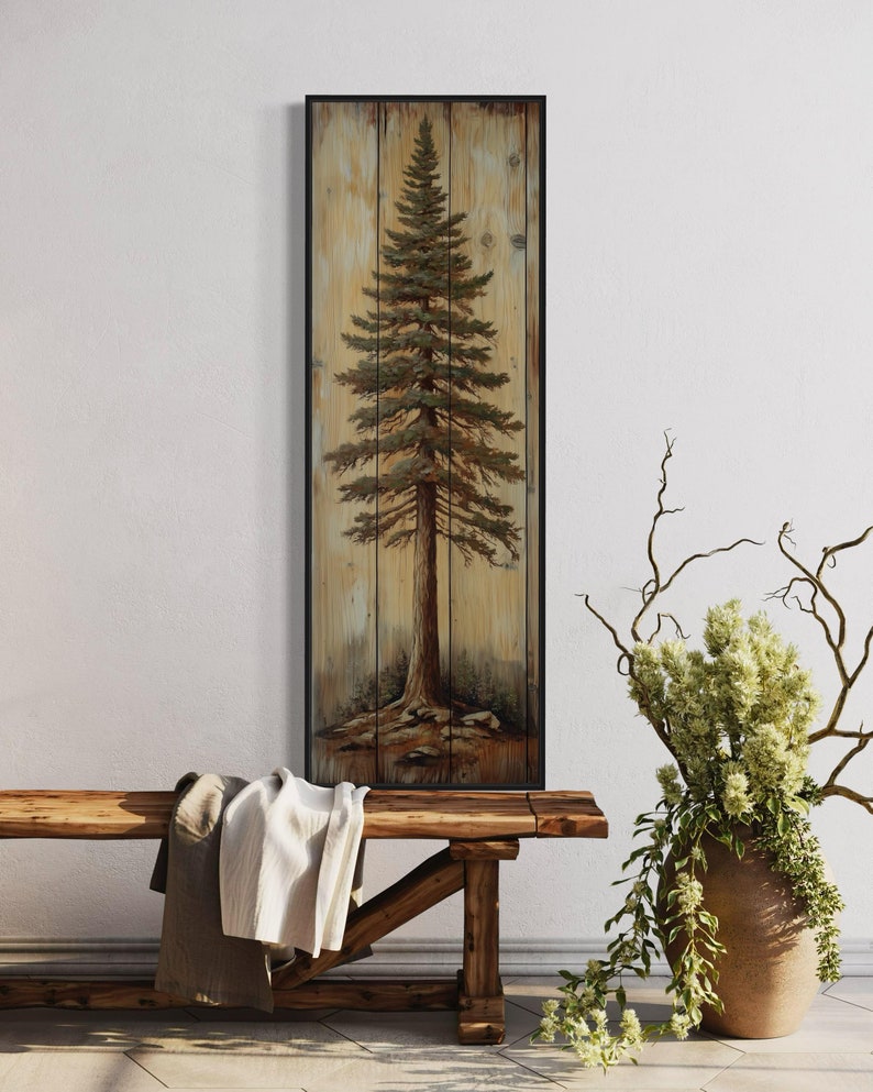 A rustic painting of a tall pine tree on wooden panels, showcasing natural textures and earthy tones. It is a perfect blend of art and nature with a handcrafted feel.