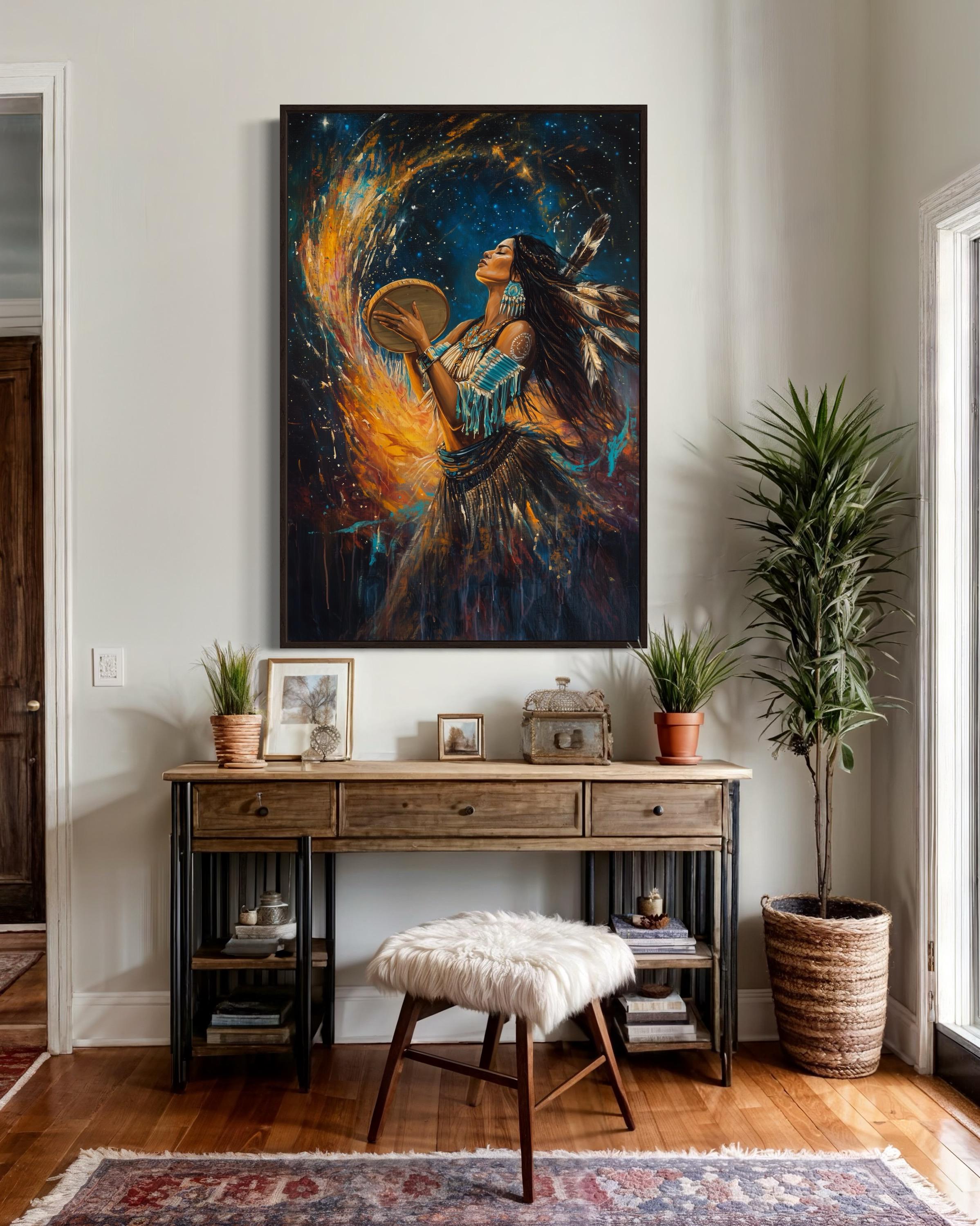 Native American Spirit Art - Tribal Woman Print With Drum and