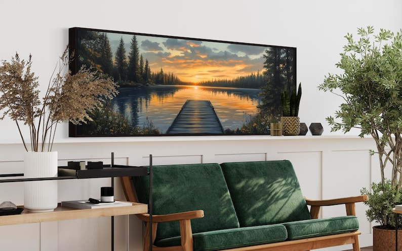 Sunset Lake Dock Art Print – Tranquil Nature Landscape Wall Art, Rustic ...