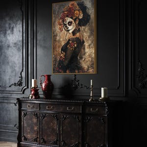 Ethereal portrayal of a woman in Day of the Dead makeup, adorned with a crown of autumn-toned flowers, set against a moody, textured backdrop, evoking both beauty and mystery.