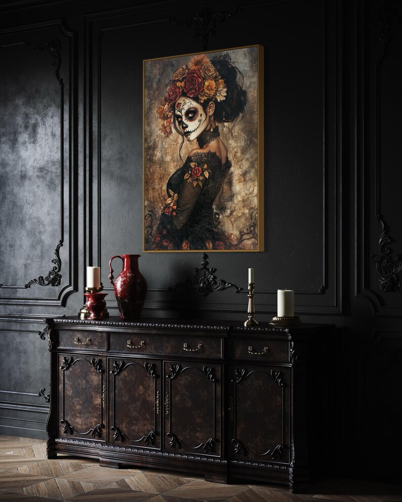 Ethereal portrayal of a woman in Day of the Dead makeup, adorned with a crown of autumn-toned flowers, set against a moody, textured backdrop, evoking both beauty and mystery.