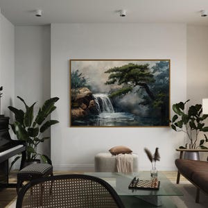 This canvas print beautifully portrays a serene Japanese garden with a cascading waterfall and majestic pine trees, encapsulating the essence of tranquility and the enduring beauty of nature. Perfect for creating a peaceful retreat in your space.