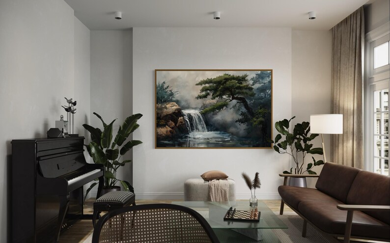 This canvas print beautifully portrays a serene Japanese garden with a cascading waterfall and majestic pine trees, encapsulating the essence of tranquility and the enduring beauty of nature. Perfect for creating a peaceful retreat in your space.