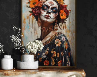 Día de los Muertos Art Print - Sugar Skull Woman Portrait, Day of the Dead Wall Art, Mexican Folk Art Decor, Boho Floral Print