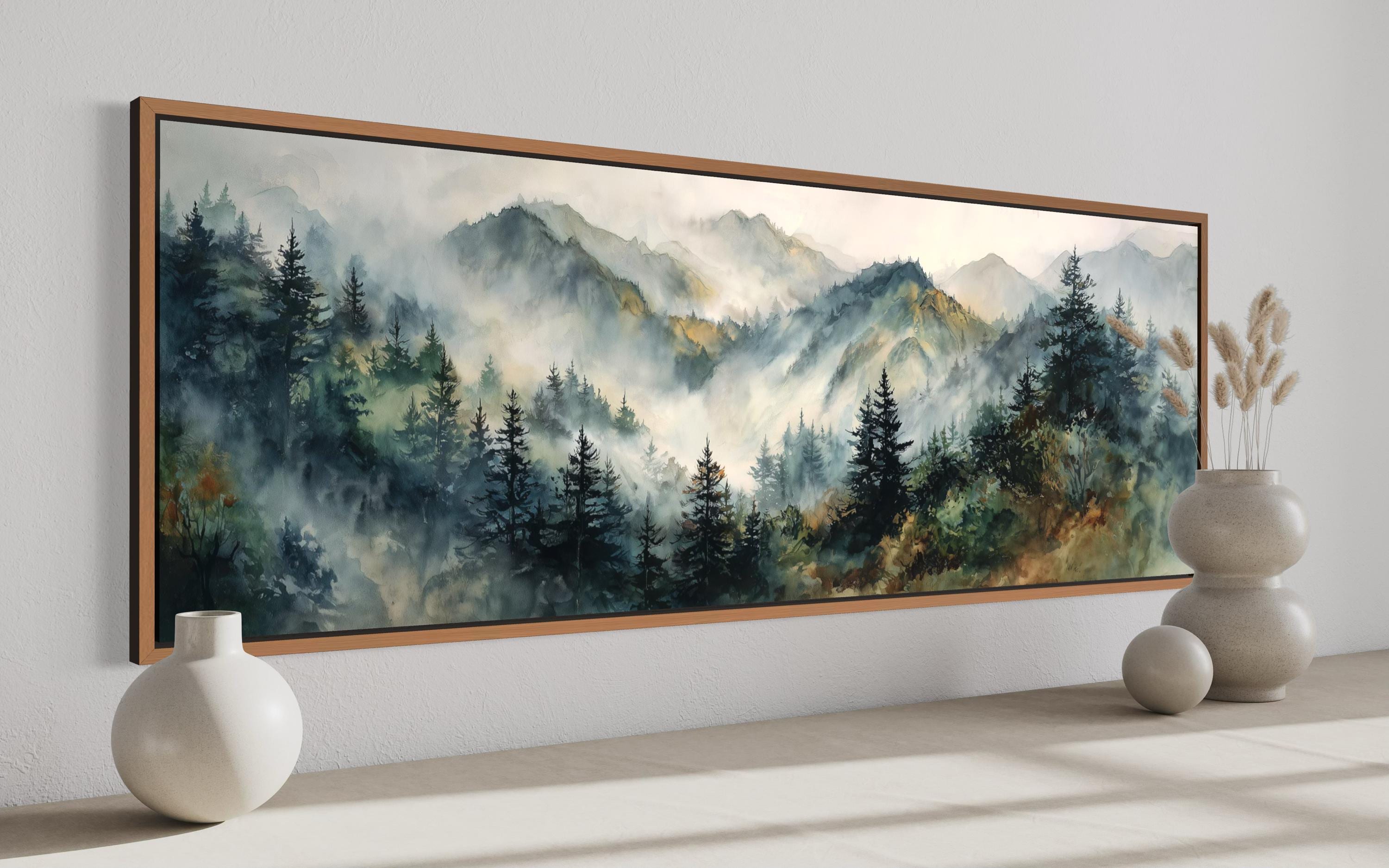 Misty Mountain Forest Wall Art Print, Moody Landscape Poster, Pine Tree ...