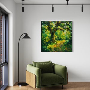 The old oak stands regal and enduring, its twisting branches like wise, outstretched arms, cloaked in a tapestry of sun-kissed leaves, creating a serene sanctuary of nature's timeless beauty.