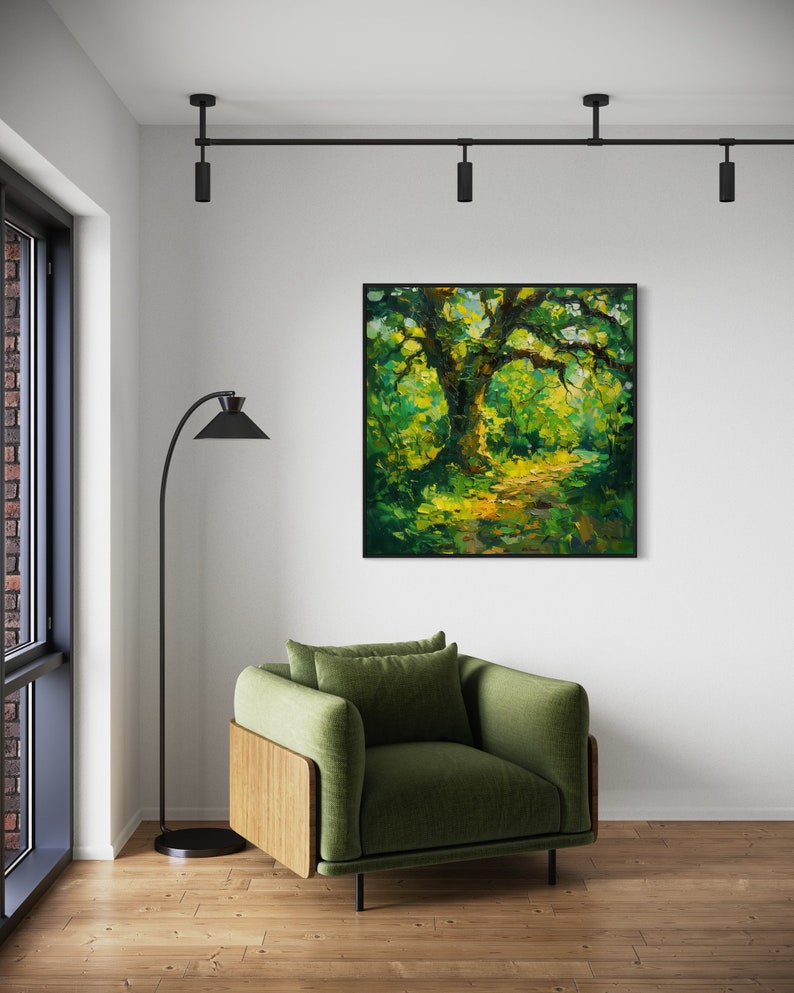 The old oak stands regal and enduring, its twisting branches like wise, outstretched arms, cloaked in a tapestry of sun-kissed leaves, creating a serene sanctuary of nature's timeless beauty.