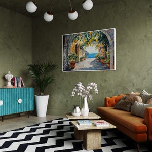 This vibrant artwork captures the charm of an Italian coastal village, featuring lemon trees hanging over a sunlit stone pathway. With a stunning view of the sea, this piece brings Mediterranean warmth and rustic beauty into your home.