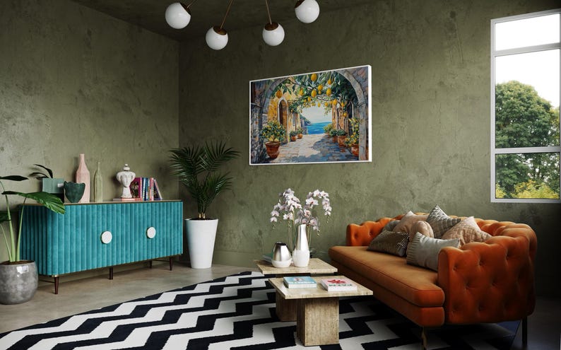 This vibrant artwork captures the charm of an Italian coastal village, featuring lemon trees hanging over a sunlit stone pathway. With a stunning view of the sea, this piece brings Mediterranean warmth and rustic beauty into your home.