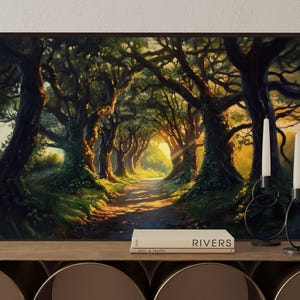 May include: A painting depicting a path through a woodland, with trees forming an archway above. Sunlight streams through the trees, casting a warm glow. The path leads towards a bright light at the end of the woods.