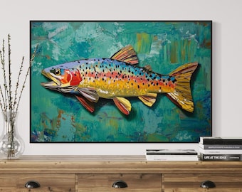 Lienzo de trucha arcoíris: arte mural rústico de pesca, estampado de vida silvestre vibrante, decoración de cabaña para sala de estar, casa de lago o encima de la cama.