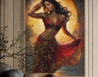 Elegante quadro da parete con donna indiana - Tela nei vivaci colori rosso e oro, ritratto culturale decorativo, stampa artistica senza tempo per il soggiorno
