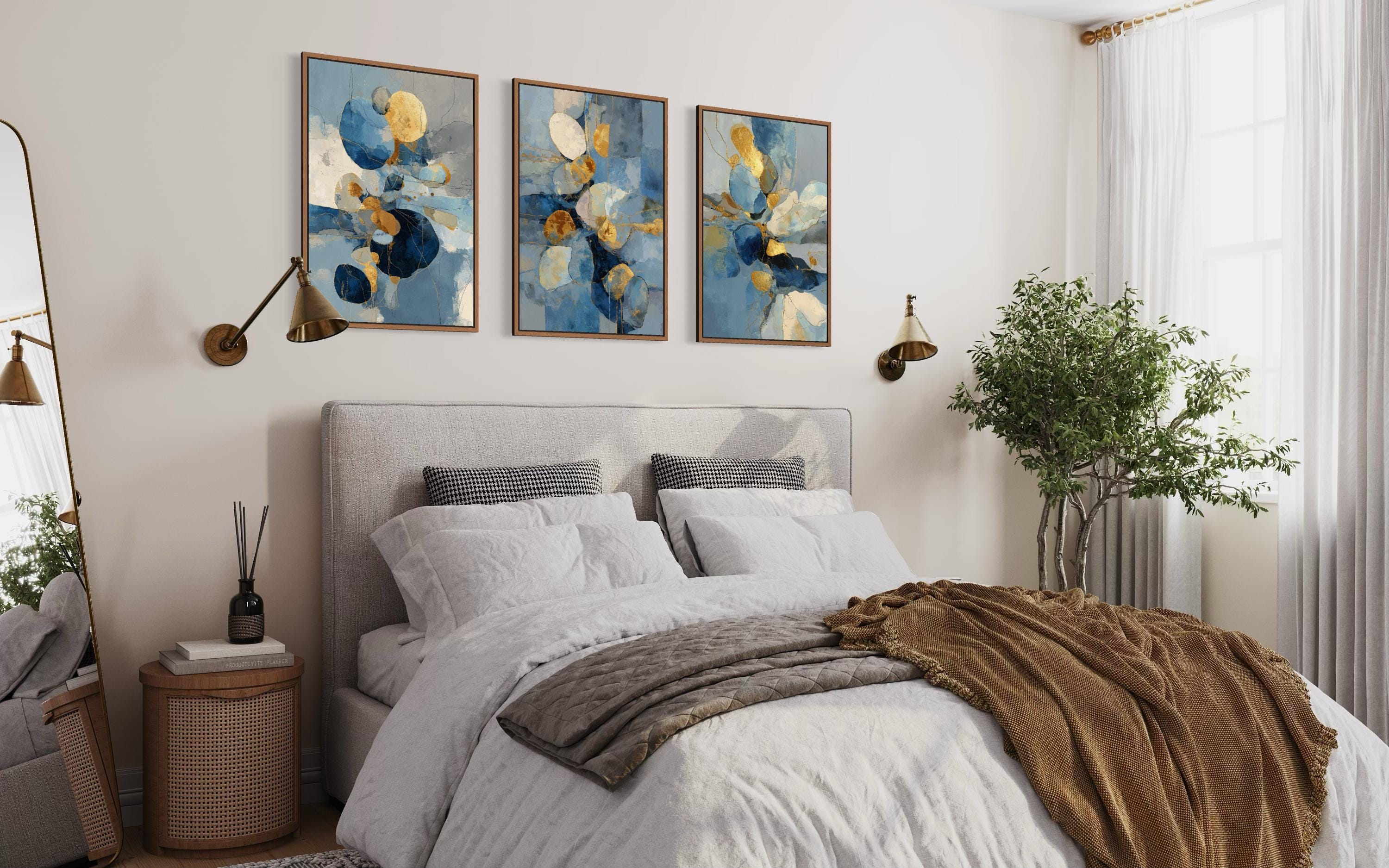 Blue Gold Abstract Wall Art Set of 3 - Modern Triptych Artwork, Navy ...