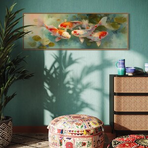 Vibrant koi fish art print featuring five colorful koi swimming among soft lily pads in a dreamy pond. This serene piece is a high-resolution canvas reproduction of an original painting, with no physical texture. Ideal for tranquil decor and Zen-inspired spaces.
