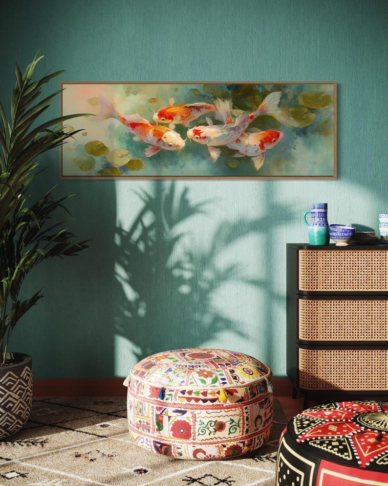 Vibrant koi fish art print featuring five colorful koi swimming among soft lily pads in a dreamy pond. This serene piece is a high-resolution canvas reproduction of an original painting, with no physical texture. Ideal for tranquil decor and Zen-inspired spaces.