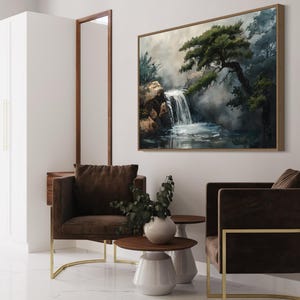 This canvas print beautifully portrays a serene Japanese garden with a cascading waterfall and majestic pine trees, encapsulating the essence of tranquility and the enduring beauty of nature. Perfect for creating a peaceful retreat in your space.
