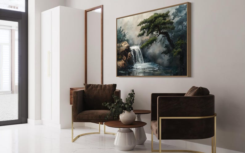 This canvas print beautifully portrays a serene Japanese garden with a cascading waterfall and majestic pine trees, encapsulating the essence of tranquility and the enduring beauty of nature. Perfect for creating a peaceful retreat in your space.