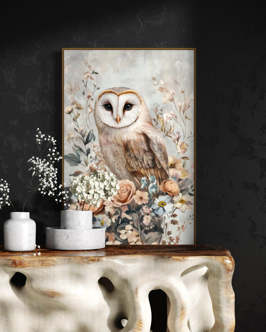 Barn Owl and Floral Wall Art - Elegant Wildlife Canvas Print With ...