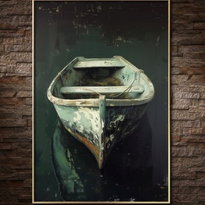 A tranquil artwork capturing a rustic boat's serene reflection in still waters, embodying a quiet escape and the beauty of simplicity. Ideal for a calming space.