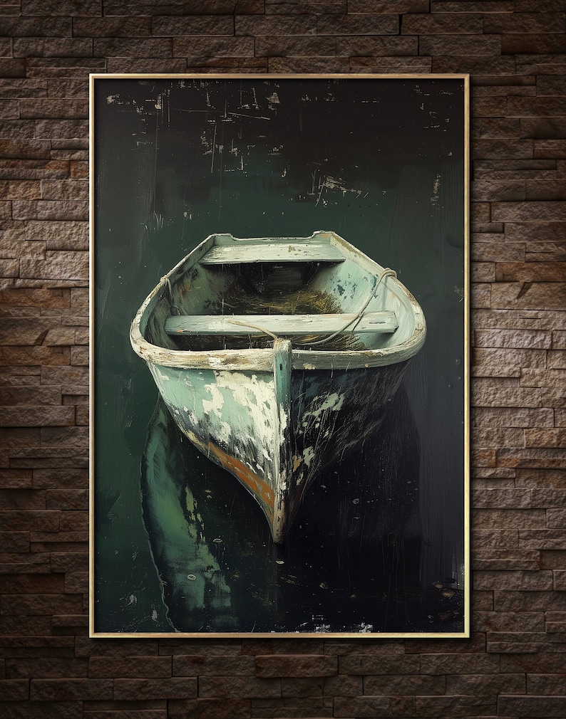 A tranquil artwork capturing a rustic boat's serene reflection in still waters, embodying a quiet escape and the beauty of simplicity. Ideal for a calming space.