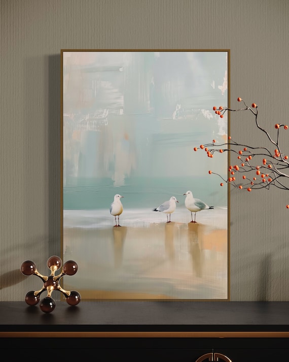 Serene Shoreline Trio: Abstract Seagull Wall Art Print - Modern Coastal Art for Beach Cottage Decor and Maritime Art Charm