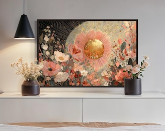 Boho Sun and Floral Art Print – Golden Celestial Wall Decor, Bohemian Sunburst Flower Canvas for Bedroom, Living Room or Studio