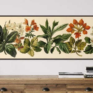 Arte mural botánico vintage: lámina panorámica con ilustración floral, arte rústico alargado y estrecho para colocar sobre la cama o para la decoración del hogar estilo cottagecore.
