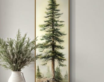 May include: A vertical framed wall art print featuring a detailed watercolor painting of a tall, singular evergreen tree centered in the composition. The tree has dark green needles and a brown trunk, set against a soft, muted, light-colored background.