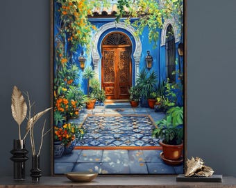 Vibrant Indian Courtyard with Blue Door Canvas - South Asian Art Print Featuring Lush Greenery, Rajasthani Wall Decor, Ready to Hang