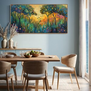 A whimsical forest comes to life with stylized trees crowned with circular canopies in shades of green and blue, while vibrant, colorful flowers bloom below in a magical, storybook setting.