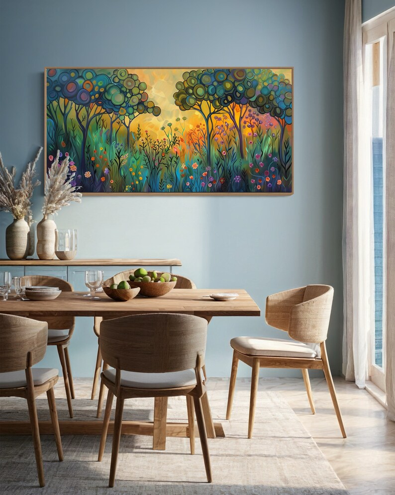 A whimsical forest comes to life with stylized trees crowned with circular canopies in shades of green and blue, while vibrant, colorful flowers bloom below in a magical, storybook setting.