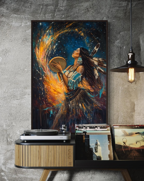 Native American Spirit Art - Tribal Woman Print With Drum and