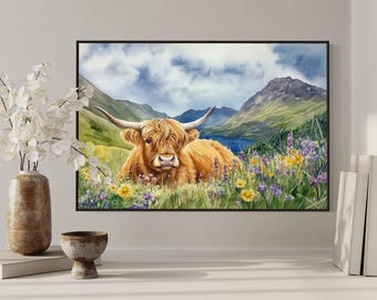 Highland Cow Canvas Art - Rustic Scottish Countryside Print with Wildflower Meadow