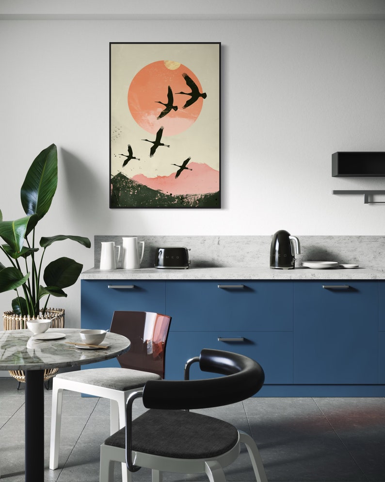 Silhouettes in Flight: A serene composition featuring cranes soaring across a textured pink sunset, their graceful forms framed against a full moon.