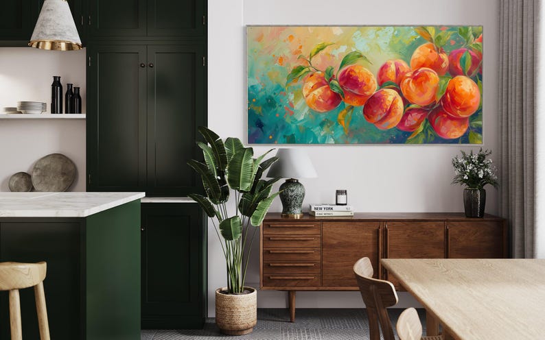 Just Peachy - Vibrant Peach Tree Fruit Painting Print, Colorful Nature Scene Art Print for Kitchen and Restaurant Wall Decor image 5