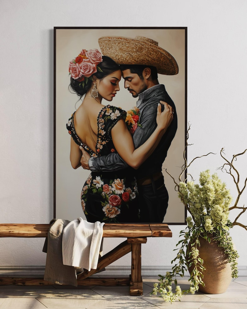 Romantic artwork of a Mexican couple in traditional attire, adorned with vibrant floral embroidery. Their intimate pose and exquisite details evoke passion and cultural elegance, perfect for adding warmth and charm to your home.