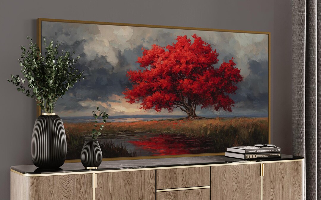 Red Tree Wall Art – Dramatic Landscape Print, Bold Nature Painting ...