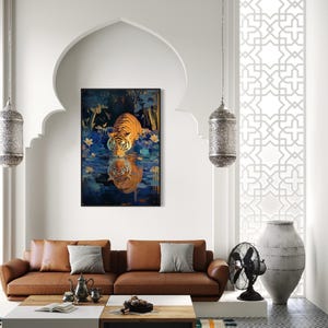 A majestic tiger drinks from a calm lake, its reflection glowing in golden hues. Surrounded by blue flowers and soft light, this art print blends nature with elegance, perfect for boho, nature, or wildlife-themed home decor.