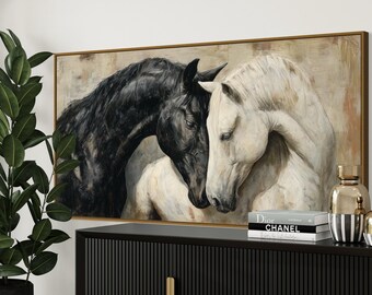 Black and White Horses Canvas Print – Emotional Equine Wall Art, Horse Head Portrait Painting, Rustic Neutral Horse Decor