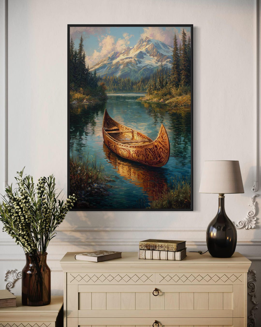 Rustic Canoe Lake Art Print – Mountain Landscape Wall Decor, Nature ...