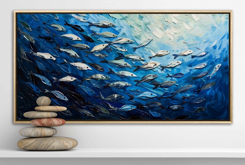 A dynamic school of fish swims in unison through the tranquil blue sea, their silvery scales reflecting light, depicted with thick, textured brushstrokes that give life and movement to this captivating marine scene.