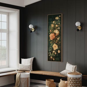 Adorn your space with this elegant vintage-style floral tapestry featuring soft, blooming roses and delicate leaves against a dark, textured background. A timeless addition to bring a touch of classic beauty to any room.