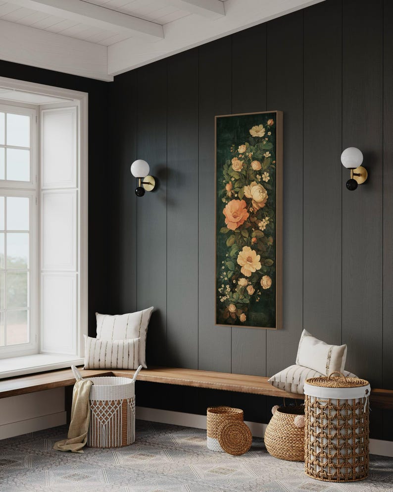 Adorn your space with this elegant vintage-style floral tapestry featuring soft, blooming roses and delicate leaves against a dark, textured background. A timeless addition to bring a touch of classic beauty to any room.