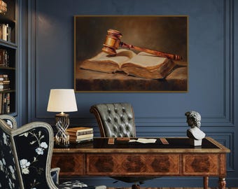 法律事務所のアートプリント – 木槌と法律書の絵画、弁護士事務所の法律関連の装飾、弁護士への卒業祝い、法廷の壁掛けアート