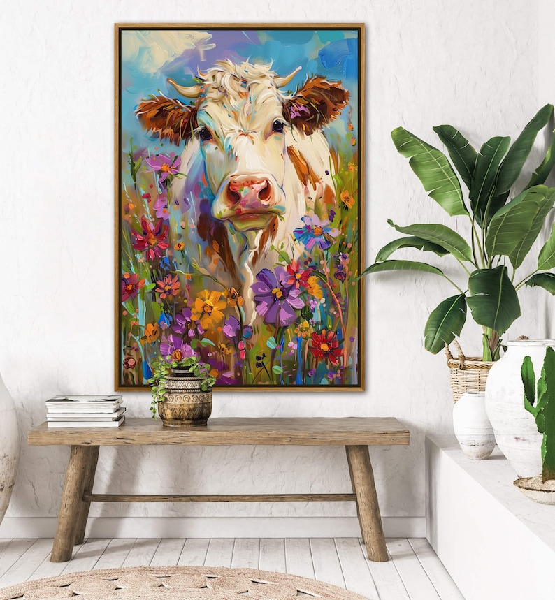 Whimsical Bovine Beauty - A lively painting of a cow among a splash of colourful wildflowers, rendered in a playful, impressionistic style.