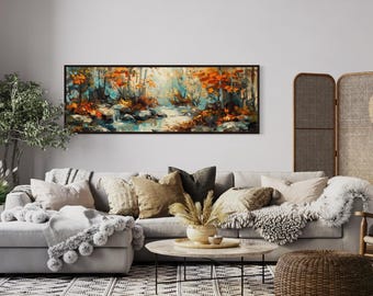 Cuadro decorativo Bosque Otoñal - Lámina abstracta panorámica con tonos turquesa y naranja, decoración rústica campestre y elegancia boscosa para el dormitorio.