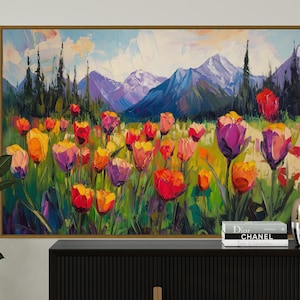 Mountain Tulip Field Art Print – Colorful Wildflower Landscape Wall Art, Spring Floral Meadow Painting, Nature Print on Canvas or Paper