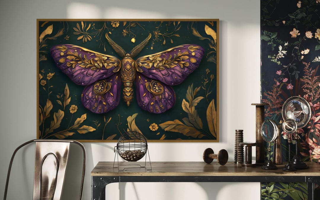Purple Moth Wall Art Print – Mystical Gold Insect Illustration - Etsy